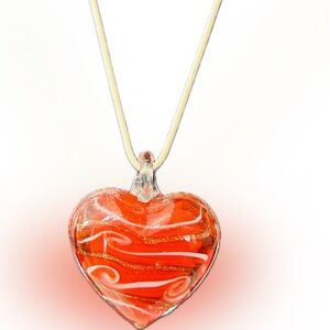 Transparent Glass Art White & Gold Swirls Orange Heart Fashion Pendant Necklace